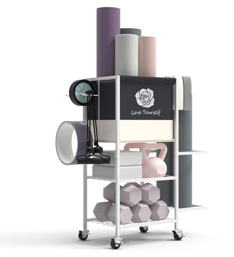 Yoga Mat Storage Rack，Home Gym Storage Rack Gym Workout Equipment Storage Organizer on Wheels for Yoga Mat,Yoga Block,Foam Roller,Resistance Band,Dumbbell,Kettlebell (White)
