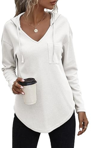 Cuptacc Sweat a Capuche Femme Hoodie Tricoter Blouse Manche Longue Couleur Unie Blanc,Groß L 42-44