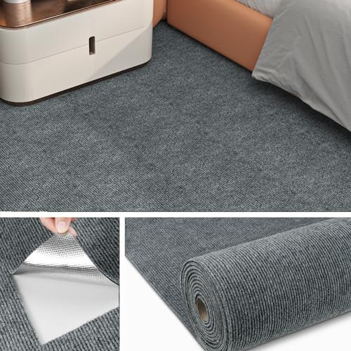 Livelynine Teppichboden Meterware 400 cm X 60cm Breit Rutschfest Teppich für Haus Büro Gewerbe Abwaschbare Auslegware Teppichboden Grau Teppich Bodenbelag Selbstklebend Wohnzimmer Schlafzimmer Flur