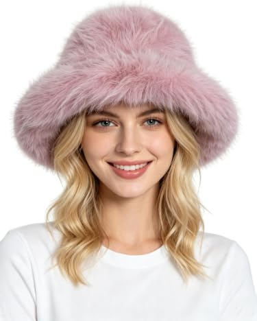 Lina & Lily Oversized Winter Faux Fur Bucket Hat for Women - Long Pile Fur Wide Moldable Brim (Dusty Pink)