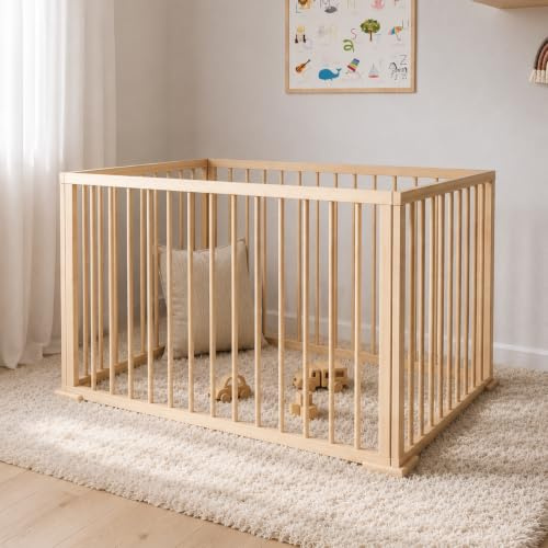 Mokee Foldaway Baby Playpen - Compact Foldable Wooden Play Pen for 0-24 Months - Solid Natural Beechwood with Corner Locks 100 x 70cm (Natural Beech)