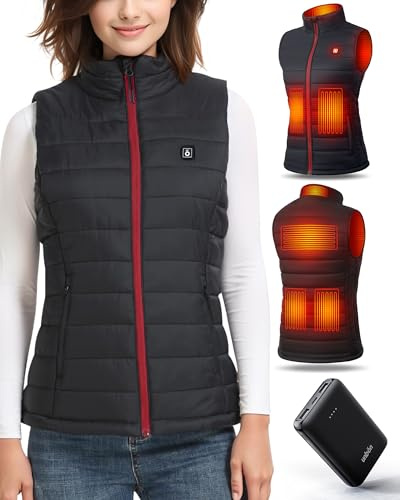 UNBON Chaleco Calefactable Mujer, Chaleco Calefactable con Batería USB 10000mAh, Chaleco Térmico Eléctrico Mujer con 3 Temperaturas 6 Zonas de Calor, Chalecos Calefactor para Moto Caza, Negro, S