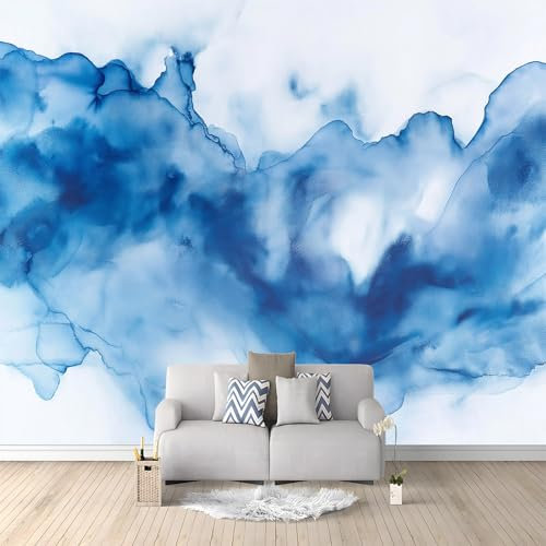 Modèle Aquarelle Bleu Abstrait Papier Peint Bleu Panoramique Peinture Murale Interieur pour Salon Chambre à Coucher D'Enfant Maison Décoration Murale 400x280 cm