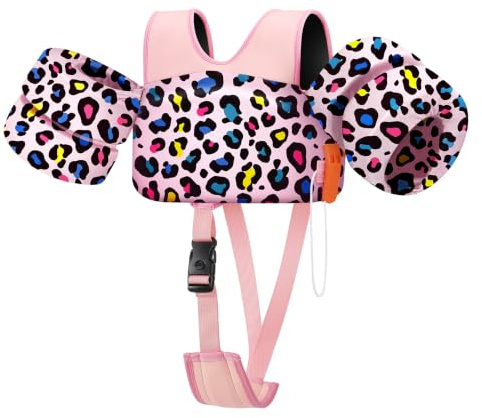 HeySplash Chaleco de Natación para Niños, Traje de Baño Flotante con Correa Ajustable para Pequeños de 6-15kg Aprender a Nadar, Flotador de Brazo de Piscina con Silbato, Leopardo Rosa Colorido