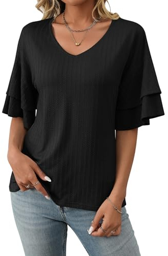 ASKSA Femme T-Shirt Col V Chemisiers et Blouses à Manches Courtes à Volants Été Haut Top Femme Chic et Élégant (Noir,XL)