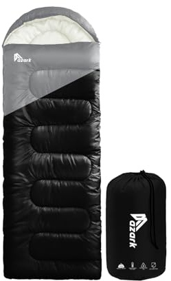 azark Premium Lightweight Sleeping Bag for Adults & Kids, 400 GSM, 4 Season Waterproof Sleeping Bag, Comfortable & Portable, Machine Washable, Camping & Hiking Essential (Black/Grey)