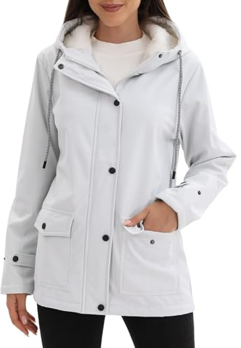 chiguomaoyi Mujeres Chaquetas impermeables al aire libre Softshell Chaqueta con capucha Windbreak Impermeable para el otoño invierno (Blanco,M)
