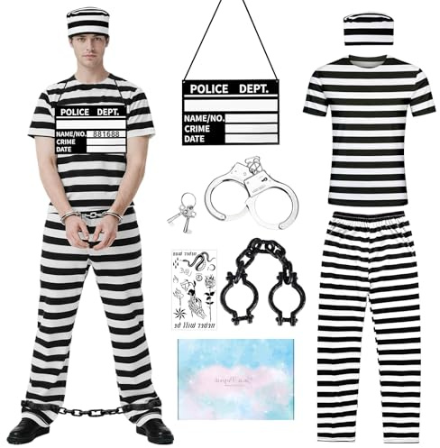 TOLOYE Disfraz de prisionero a rayas para hombre, traje de prisionero con esposas, grilletes, disfraz de convicto a rayas para adultos, disfraz de convicto para Halloween, disfraces de cárcel para
