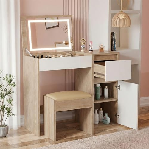 Blisswood Dressing Table with Flip-Up LED Mirror & Stool, Vanity Makeup Desk with Drawers and Hidden Storage, Cosmetic Bedroom Dresser, Make up Desk, Convertible Writing Desk & Office Table, Oak White