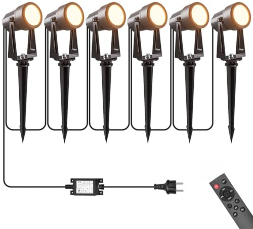 LONIUTO Illuminazione da giardino con alimentazione 23M, 3W*6 pezzi Faretti da esterno con Funzione telecomando e timer 3000K Bianco caldo, IP65 Impermeabili per sentieri, prati, cortili, terrazze