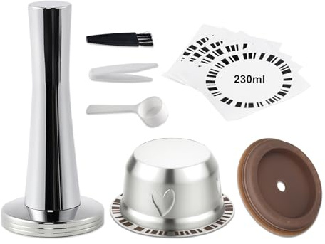 FOVNOT Reusable Coffee Capsules for Nes-resso Ve-tuo Pop/Next, Stainless Steel Refillable Pods with Food Grade Silicone Lids and 41mm Tamper (230mL)