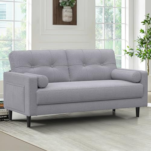 Aotumm Ciort 2 Seater Sofa, Thick Cushions,2 Pillows & Pockets (Ash grey) | Comfy Linen 2 Seater Sofa Couch, 2 Pillows & Side Pockets Storage, Ergonomic Design, Easy Assembly for Living Room, Office