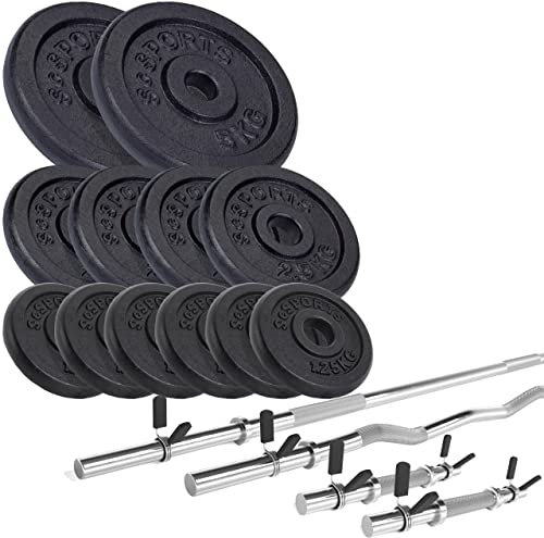 ScSPORTS® Hantelset - 27.5-100kg, inkl. 2 Kurzhanteln, Langhantelstange, SZ Stange, Ø31mm, Hantelscheiben, Gusseisen - Gewichtsset, Langhantel (27.5 KG (2x5 + 4x2.5 + 6x1.25) fv)