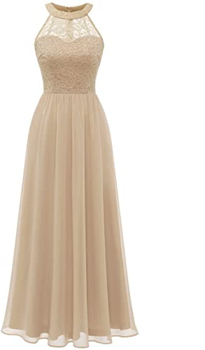 Wedtrend Women's Formal Dress, Halter Long Prom Dresses for Teens Bridal Shower Floral Lace Juniors Bridesmaid Dresses for Women WT0201ChampagneL