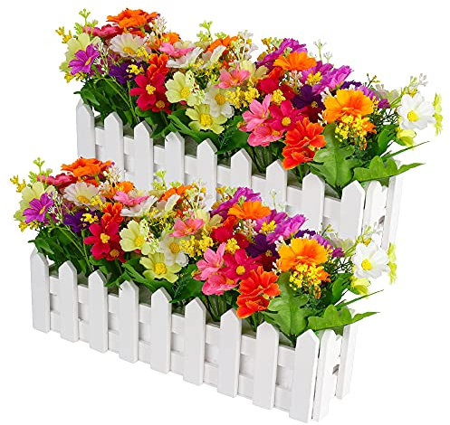 MOPOIN Künstliche Blumen in einem Topf, 2 Stück dekorative Blumen künstlich mit Holzzaun, künstliche Blumen Herbst, Orchideen künstlich, künstliche Blumen Dekoration für Balkon Wohnzimmer Garten