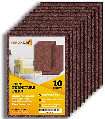 Performore Premium Furniture Felt Sheets Pad 10 Pack (Brown) 8 X 6 X 1/4 Sticky Felt with Adhesive Backing, Cut to Size for Floor Protection—Prevents Scratches and Damage from Furniture.