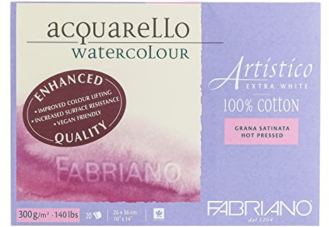 Fabriano Artistico Acquarello Watercolour, extra weiß, satiniert hot pressed, 26 x 36 cm, 20 Blatt 300 g/m², hochwertiger Künstler-Aquarellkarton, Block 4-seitig geleimt, vegan