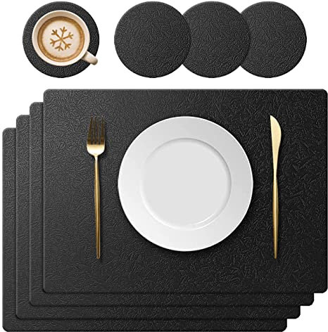 KERYCHIN Manteles Individuales de Silicona y Posavasos Redondos Set, con Diseño de Hojas, Resistentes al Calor 230 °C, Antideslizantes, Lavables, para Cocina, Hogar, Restaurante, 40 x 30 cm, Negro
