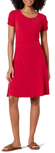 Amazon Essentials Vestido Acampanado con Cuello Redondo y Manga Corta Fruncida (Disponible en Tallas Grandes) Mujer, Rojo Frambuesa, XXL