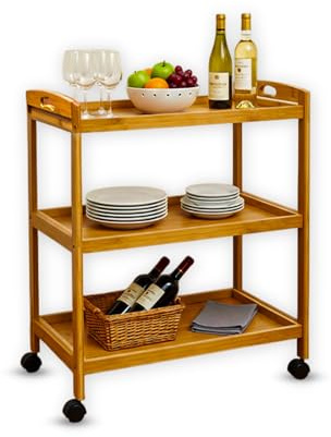 FEFE® Bamboo 3 Tier Kitchen Storage Organiser Rack Serving Trolley Island Cart With Wheels, 60.5 x 33 x 73cm (LK2005-DG-SAF-2022)