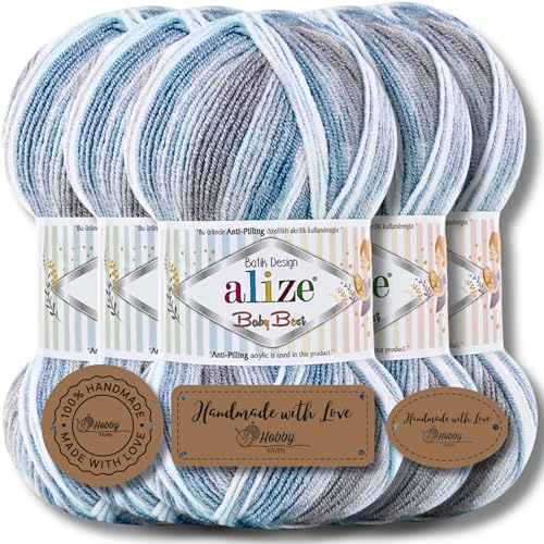Hobby YARN 3x Etikettenlabel mit Alize Baby Best Wolle Premium 5x100g als Set | Antipilling Babywolle Acryl Uni & Batik Strickgarn zum Häkeln und Stricken (7540)