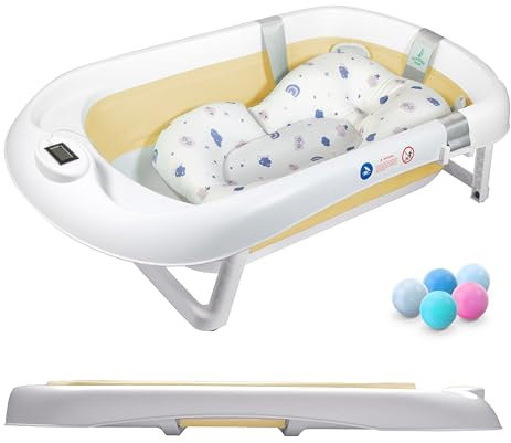 Bañera Plegable Bebé Con Cojín De Baño Antideslizante - bañera Bebe Plegable Con Termómetro - Asiento Bañera Bebe - Desde El Nacimiento Hasta Los 3 Años - Regalos De Nacimiento (APRICOSA)