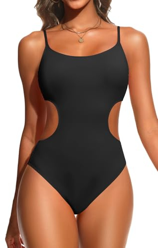 Tempt Me Black Women's Cutout One Piece Swimsuits High Cut Monokini Scoop Neck Bathing Suit XS