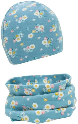 FORUHOO Baby Mädchen Beanie Mütze + Schlauchschal 2er Set, Wintermütze für Jungen Mädchen Baumwolle(Blau Daisy,49-53)