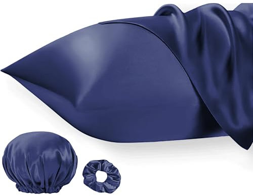 Seiwohl Satin Kissenbezug 40 x 80 2er Set, Weich wie Seidenkissenbezug Silk Pillowcase, Vegane Seide Kopfkissenbezug Kissenhülle Haarschutz für die Nacht mit Haargummi und Haarhaube, Dunkelblau