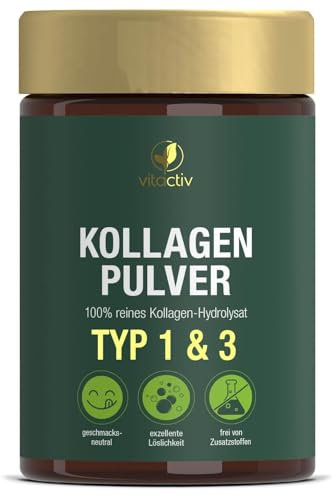 VITACTIV Collagen Pulver 300g - Kollagen Hydrolysat, Typ 1 & 3 Peptide - 19 essenzielle Aminosäuren - Hohe Bioverfügbarkeit, ohne Zusätze, Geschmacksneutral - Laborgeprüft in Deutschland