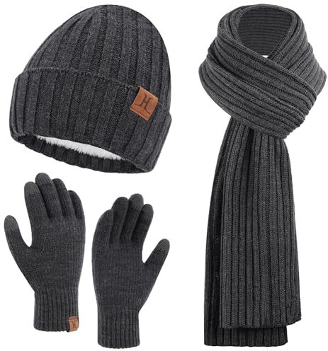 ZASFOU Herren Winter Mütze Schal Touchscreen Handschuhe Set Thermo Beanie Wintermütze Strickmütze Winterschal Winterhandschuhe Geschenk für Männer