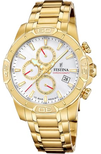 Festina Orologio Uomo Analogico in Acciaio Inossidabile 316L Dorato - Movimento al Quarzo - Cronografo - Calendario - Vetro Minerale Resistente - Impermeabile 10 ATM F20705/1 Timeless Chronograph