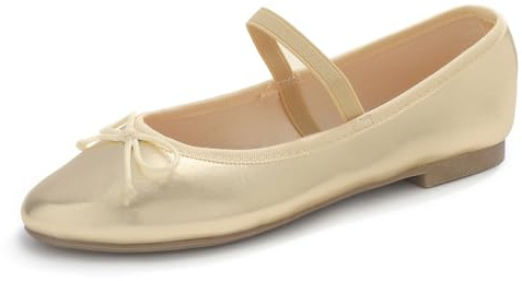 Feversole Soft Round Ballerina, Damen Klasssische Ballerinas Balerinaschuhe Flach Damenschuhe Goldfarbene Mary Jane aus veganem Leder mit Segeltuchfutter 38 EU