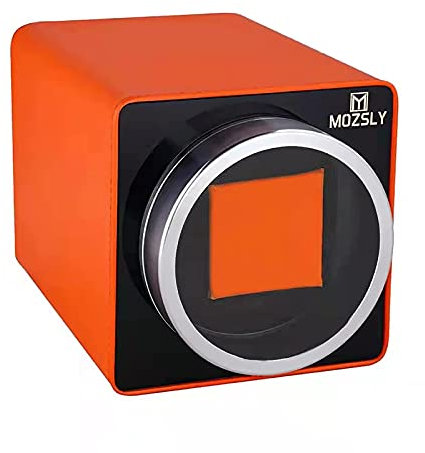 MOZSLY Single Watch Winder for Automatic Watches with Quiet Motor 12 Rotation Mode Setting Orange Leather