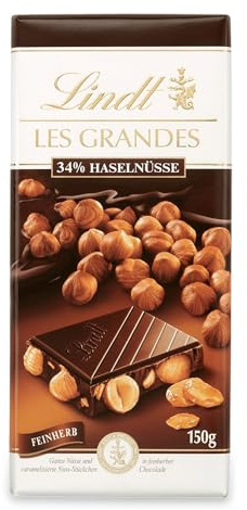 Lindt Schokolade | LES GRANDES Tafel Haselnuss Feinherb | 150g | Feinherbe-Schokolade mit ganzen- und karamellisierten Nuss-Stückchen | Schokoladen-Tafel