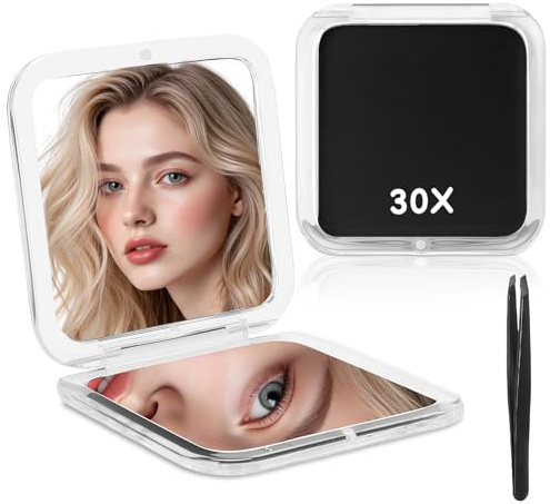 AMFUN Specchio Portatile, 30X Ingranditore Specchio per Trucco Compatto da Viaggio, Specchietto per Borse su 2 Lati Quadrato per Viaggio e Uso Quotidiano Ideale 8,5 x 8,5 cm (Nero)