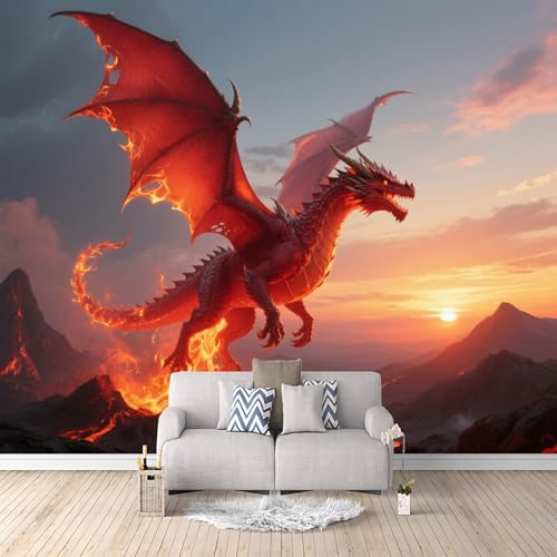 Generico Carta Da Parati Camera Da Letto Drago Di Fuoco Medievale, Wallpaper For Living Room Tema Gotico 400X280cm Effetto Lusso Alternativa Alla Pittura Tessuto Non Tessuto