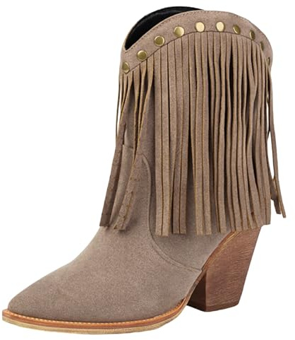 Mo Joc Stivali occidentali da donna con frange, 9,5 cm, altezza gambale 15 cm, design retrò anni '70, pelle scamosciata sintetica, suola antiscivolo, beige., 41 EU