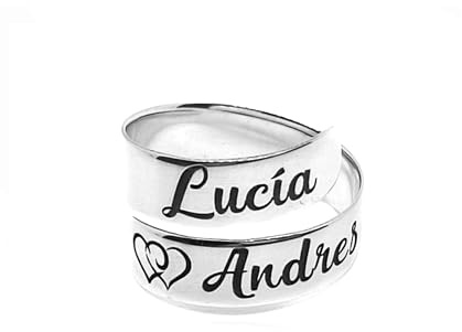 RINCON DEL ARTESANO HECHO A MANO MALAGA Anillo ajustable personalizado con Nombres + Corazon en plata de ley 925 | Joya grabada para mujer | Regalo único de amor, amistad o familia. Modelo Corazón