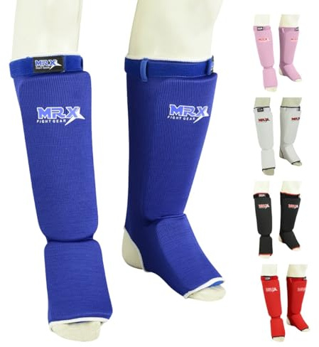 MRX BOXING & FITNESS Muay Thai Shin Guards Kick Boxing Leg & Foot Protector Pad MMA Shin Guard Extra Padding for Men or Women (Blue, XXL)