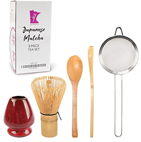 BambooMN Brand - Matcha Green Tea Whisk Set - Deep Red with Black - 5-Piece Set - Bamboo Tea Accessories