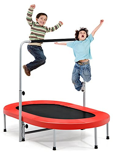 COSTWAY 2 Personen Trampolin mit höhenverstellbarm Haltegriff, Mini Trampolin bis 150kg belastbar, Kindertrampolin klappbar, Gartentrampolin für Kinder und Erwachsene (Rot)