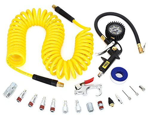 YNAir 18 Pieces Air Compressor Accessories kit, 1/4 in x 25 ft Recoil Poly Air Compressor Hose Kit, 1/4 NPT Quick Connect Air Fittings, 100 PSI Tire Inflator Gauge, Blow Gun, Couplers and Plugs
