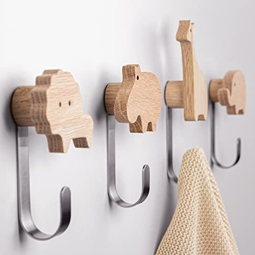 Garderobenhaken für Kinder aus Holz (Eiche). Kleiderhaken und Garderobe für Kinderzimmer. Hochwertige Wandhaken in Tiermotive Löwe, Giraffe, Elefant, Nilpferd (4er Set). Niedliche Kindergarderobe.
