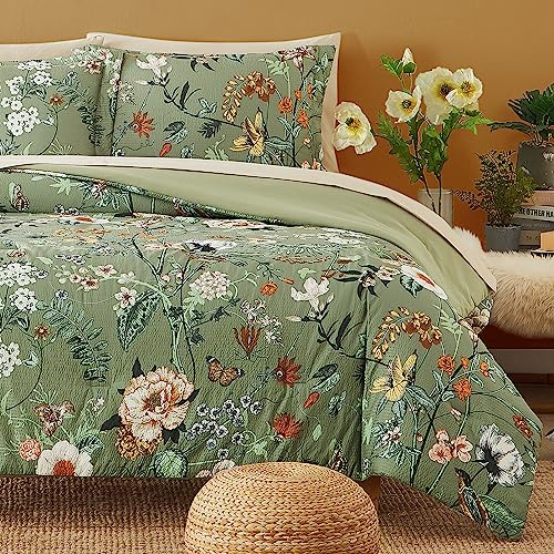 CASAAGUSTO Set di biancheria da letto queen size, 7 pezzi, motivo floreale con farfalle verdi con motivo floreale e foglie, morbido design in seersucker, per tutte le stagioni, set di biancheria da