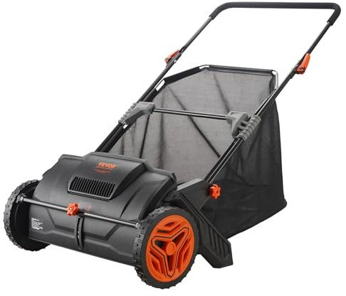 VEVOR Barredora de Césped 99L Cortacésped Manual con Bolsa recolectora Ancho de Barrido 53,5 cm Cepillo Giratorio Altura Ajustable Ruedas 25 cm para Césped Hojas de Jardín Escombros Secos 112x67x90 cm