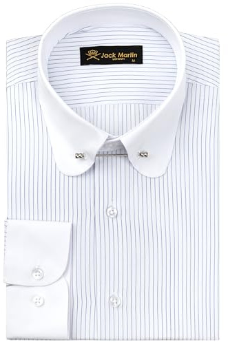Jack Martin London Camicia da Uomo con Colletto Club con Spilla | Camicie da Uomo Eleganti da Business, Formali e Casual a Maniche Lunghe (Righe Blu, L)