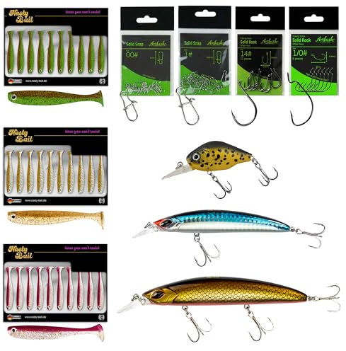 Geschenk für Angler, Boxen nach Zielfisch/Barsch/Hecht/Zander/Forelle/Gummifische/Wobbler/Crankbaits/Minnows/Spoons/Einzelhaken/Offsethaken (90-teiliges Barschköder Set)