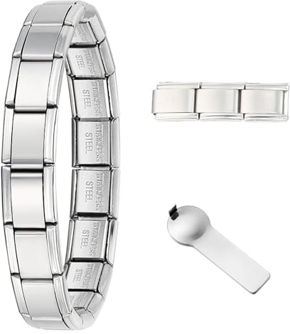 GEMOSA 9mm Italian Charm Bracelet Classic Starter 18+3 Links for Wrist Size 6.5~8.3 in with Connector Tool Stainless Steel Gold DIY 26 Letter Initial Modular Links Pptional GIFT for Women Men Son