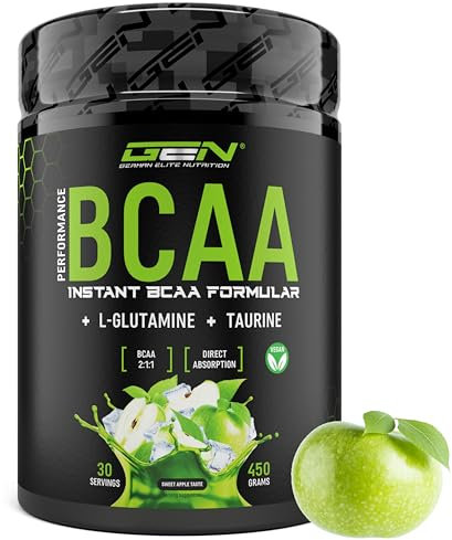 BCAA Performance - 450 g di polvere - BCAA istantanei + L-Glutammina + Taurina - Deliziosi e super solubili - Aminoacidi vegani - Rapporto 2:1:1 - (Mela)